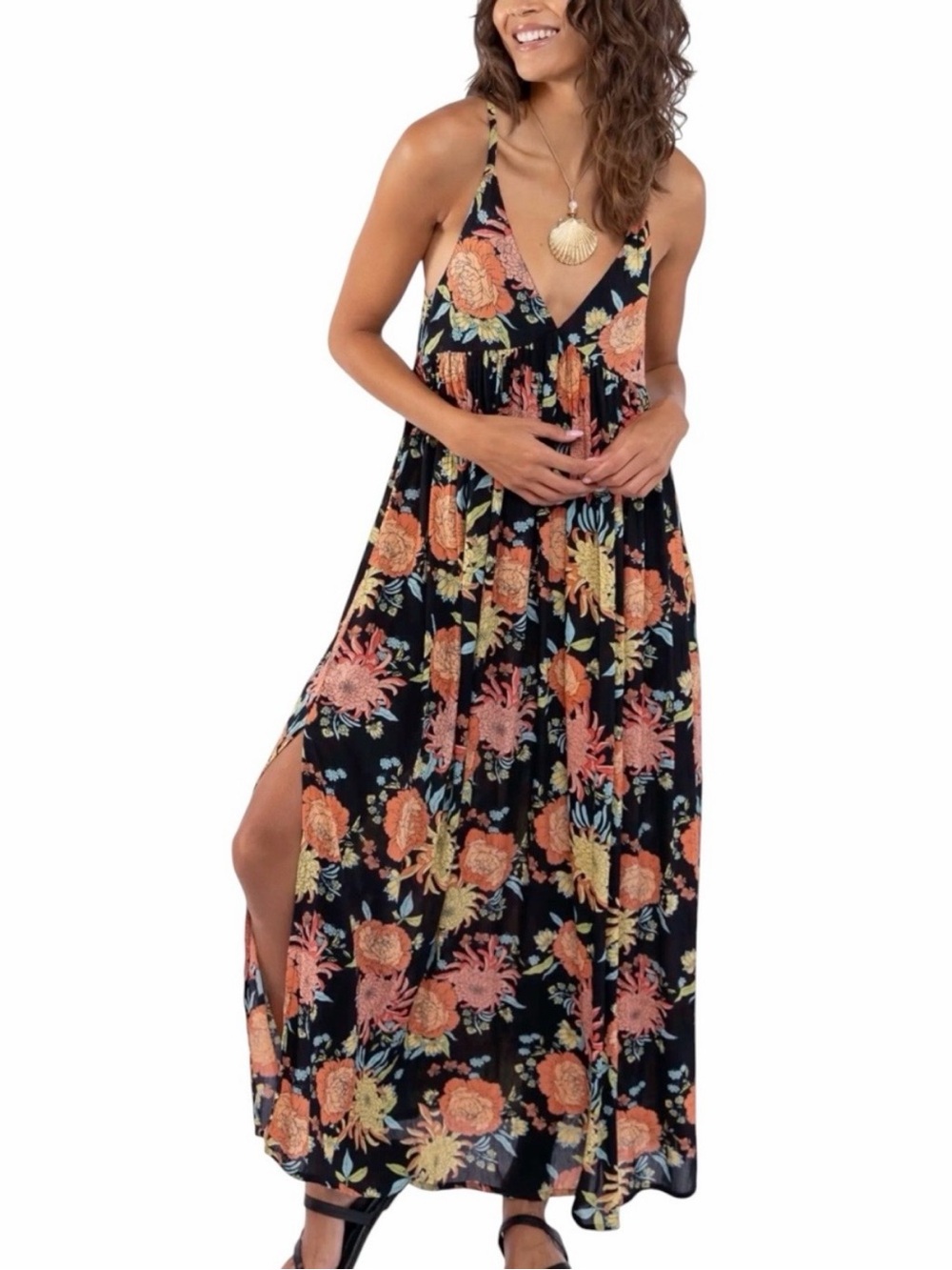 NATURAL LIFE Reyna Deep V Neck Maxi Dress Medium NWT Black Marigold Floral